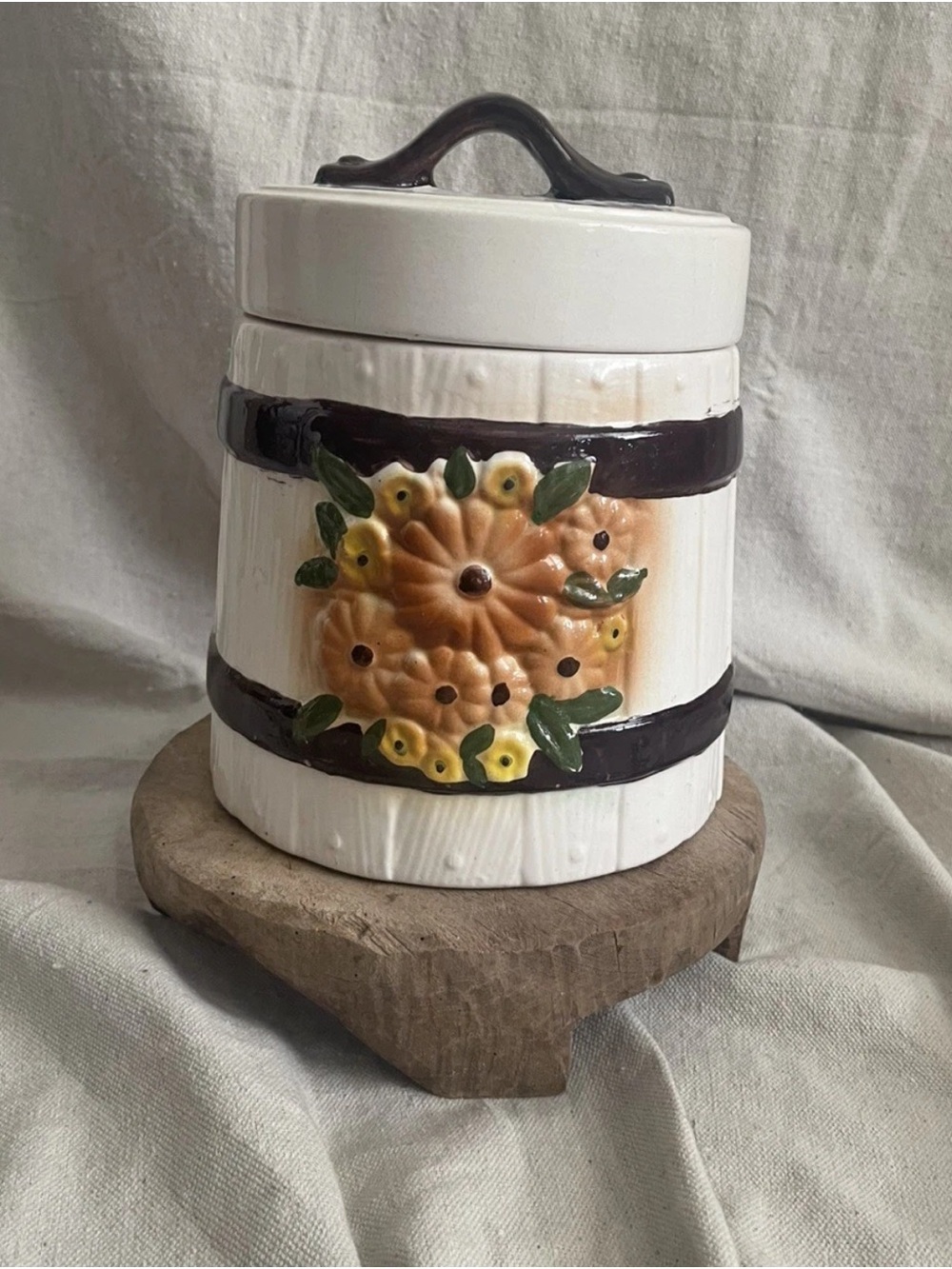 Vintage 1970s Floral Ceramic Cookie Jar - White, Brown, Yellow